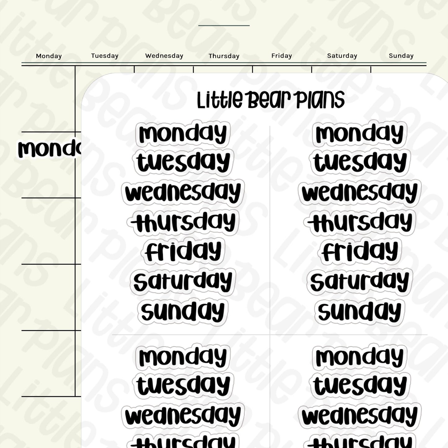 Day of Week Header Labels Sticker Sheet