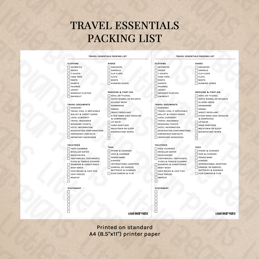 Printable Travel Essentials Check List